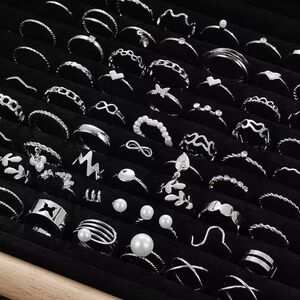 Y2K Vintage Boho Bulk 64 Pcs Pearl Ring Set Silver Plated Fashion Geometric